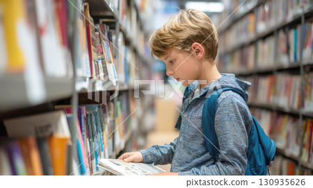 A young boy with a backpack stands in a library, looking intently at a book he's holding. He's surrounded by shelves filled with books, conveying a sense of curiosity, learning, and education 130935626