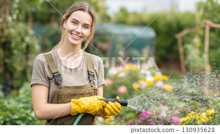 A smiling woman in overalls and yellow gloves is watering flowers in a lush garden with a hose. The image captures the joy of gardening and a connection to nature on a bright, sunny day 130935628