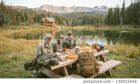 Three smiling men enjoying a picnic lunch at wooden table by a tranquil lake, surrounded by a pine forest, majestic mountains, with a cozy cabin in background, embodying outdoor adventure, friendship 130935648