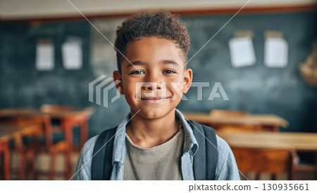 A cheerful young student with a backpack, smiling confidently at the camera while standing in a classroom with desks and a blackboard in the background, ready for learning and the school day 130935661
