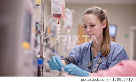 A serious and focused female nurse or doctor in blue scrubs and gloves is administering an IV drip to a patient, working in a hospital or emergency room. A serious and focused female nurse or doctor in blue scrubs and gloves is administering an IV drip to a patient, working in a hospital or emergency room. 130935710