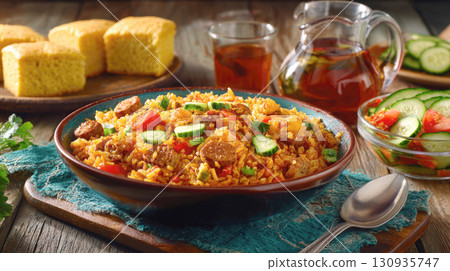 A hearty bowl of jambalaya, featuring rice, andouille sausage, assorted vegetables, is presented on rustic wooden table. It is accompanied by cornbread, fresh cucumber salad, glass pitcher of iced tea 130935747