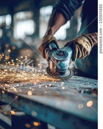 skilled worker uses angle grinder to smooth and shape a metal surface, creating beautiful shower of bright sparks. Image captures essence of hard work, precision, craftsmanship in factory or workshop 130935888