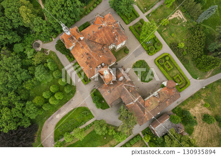 Aerial drone view over palace of Counts Schonborn. Chynadiieve, Ukraine. Aerial drone view over palace of Counts Schonborn. Chynadiieve, Ukraine. 130935894