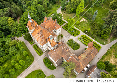 Aerial drone view over palace of Counts Schonborn. Chynadiieve, Ukraine. Aerial drone view over palace of Counts Schonborn. Chynadiieve, Ukraine. 130935895