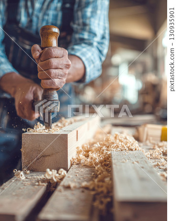 A close-up shot of a woodworker's hands using a chisel to carve wood. The image captures essence of traditional craftsmanship, hard work, creative process in rustic and authentic workshop setting. 130935901