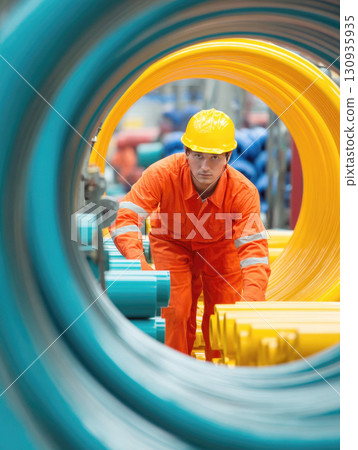 A professional factory worker wearing an orange jumpsuit and yellow hard hat is shown in a dynamic perspective, looking out from a tunnel of colorful pipes, embodying industrial production and focus 130935935