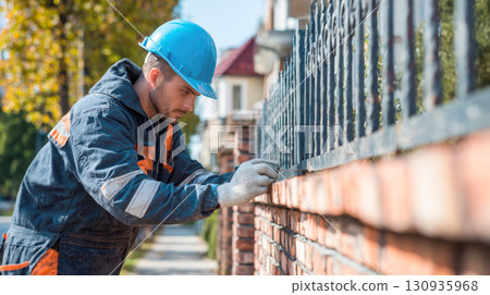 A man in a blue hard hat and gloves works on a metal fence, checking the installation and alignment on a brick wall. His focus and posture indicate a professional dedicated to his task 130935968