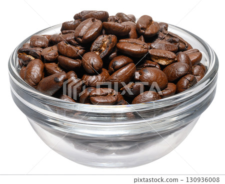 Roasted ground coffee in glass transparent bowl on isolated background Roasted ground coffee in glass transparent bowl on isolated background 130936008