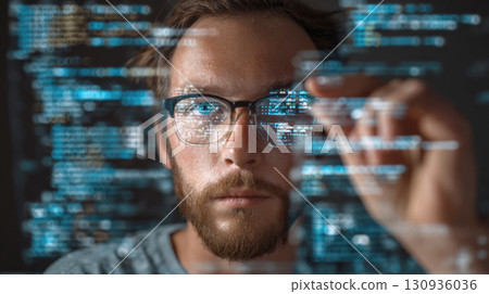 A closeup portrait of a focused man wearing glasses, with a reflection of blue-tinted code on the lenses. He is pointing at a screen, highlighting the concept of programming, data, and technology 130936036