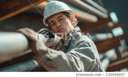Man in white hard hat, work uniform gazes directly at camera with serious expression, leaning on large metal pipe. His gloves and posture suggest he's actively working in heavy industry environment 130936037