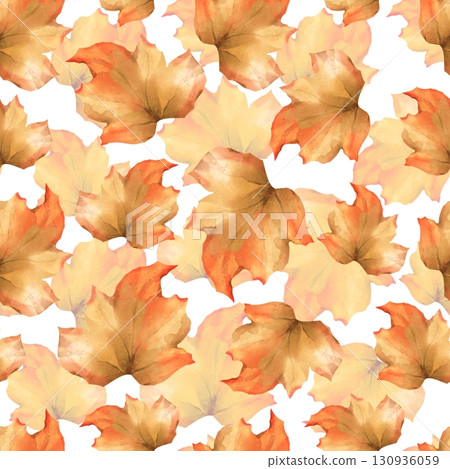 Hand-drawn seamless pattern featuring scattered autumn leaves in vibrant shades of orange and yellow Hand-drawn seamless pattern featuring scattered autumn leaves in vibrant shades of orange and yellow 130936059