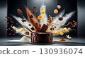 Delicious chocolate cake stands at the center as various ingredients like cocoa, chocolate, and vanilla scatter in a dynamic display amid a modern kitchen setting, creating an artistic effect. 130936074