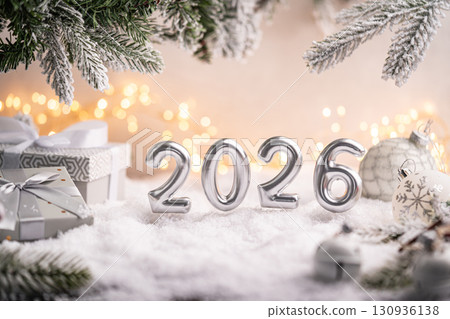 Silver 2026 New Year Scene with Gifts and Ornaments in Snow Silver 2026 New Year Scene with Gifts and Ornaments in Snow 130936138