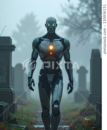 A cyborg figure with a glowing data display for a face walks through a foggy graveyard. 130936151