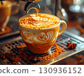 A spiced latte is brewed by a robotic barista, with a swirling, edible holographic art. 130936152
