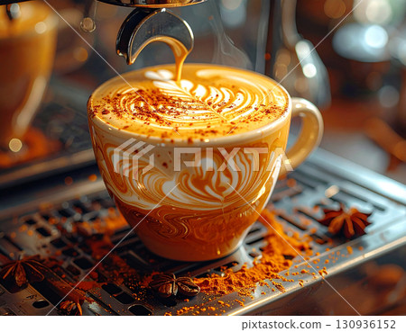 A spiced latte is brewed by a robotic barista, with a swirling, edible holographic art. 130936152