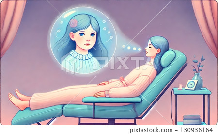 Illustration of a woman receiving hypnotherapy and visualizing her inner child. For psychology content. 130936164