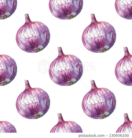 Culinary seamless pattern featuring watercolor purple onions with rustic charm. Perfect for food blogs and farm projects 130936200