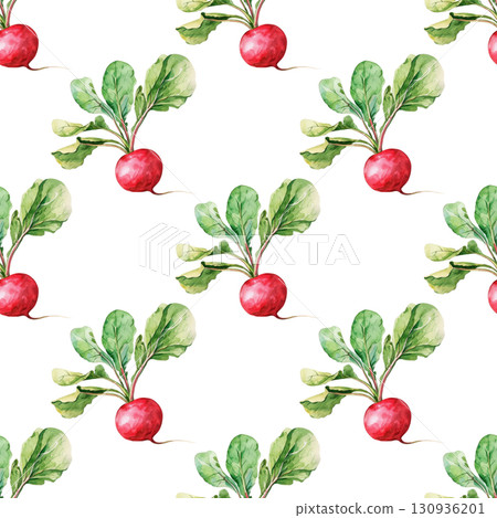Watercolor repeating pattern of radishes with vibrant red skins and fresh details. Versatile design for organic labels and culinary content 130936201
