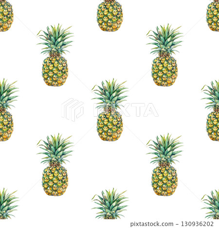 Sunny pineapple seamless watercolor pattern with botanical accents. White background for tropical branding and packaging projects 130936202