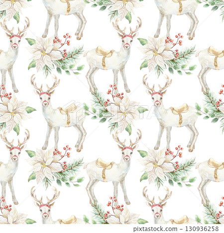 Christmas seamless pattern with white reindeer, poinsettia flowers, fir branches and sprigs of red berries. Hand drawn watercolor illustration. Pastel New Year clip art for wrapping paper and textiles 130936258