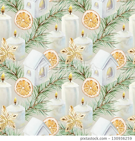 Christmas seamless pattern with fir branches, candles, candlesticks house and dried orange slices. Hand drawn watercolor illustration. Pastel New Year clip art for wrapping paper and textiles. Christmas seamless pattern with fir branches, candles, candlesticks house and dried orange slices. Hand drawn watercolor illustration. Pastel New Year clip art for wrapping paper and textiles. 130936259