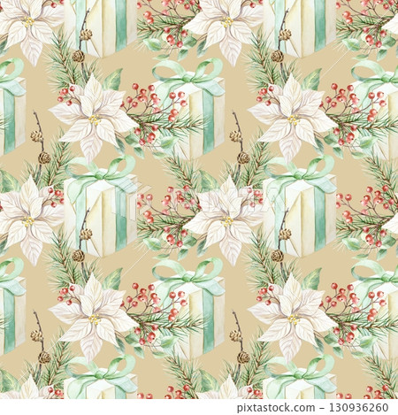 Christmas seamless pattern with gifts, poinsettia flowers, fir branches and sprigs of red berries. Hand drawn watercolor illustration. Pastel New Year clip art for wrapping paper and textiles. Christmas seamless pattern with gifts, poinsettia flowers, fir branches and sprigs of red berries. Hand drawn watercolor illustration. Pastel New Year clip art for wrapping paper and textiles. 130936260