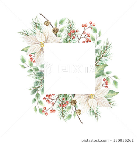 Christmas frame with poinsettia flower, green fir branches, eucalyptus, and a sprig of red berries. Hand drawn watercolor illustration of a festive Advent holiday isolated. Pastel New Year clip art. 130936261