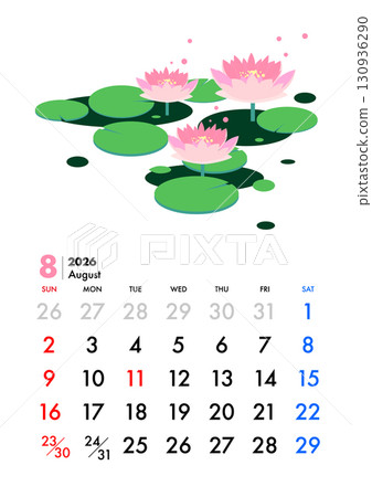 August 2026 calendar, water lily flowers August 2026 calendar, water lily flowers 130936290
