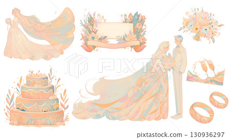新娘和新郎拿著花束和婚紗的插圖 130936297