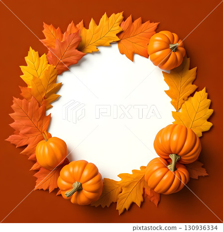 Thanksgiving wreath frame with pumpkins and maple leaves 130936334