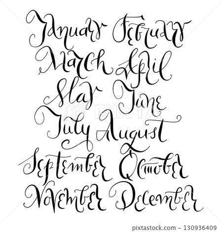 Elegant vector handwritten set of month lettering in cursive ink style, vector calligraphy illustrations perfect for planners and calendars. Year on the white background Elegant vector handwritten set of month lettering in cursive ink style, vector calligraphy illustrations perfect for planners and calendars. Year on the white background 130936409
