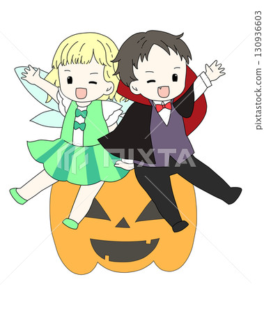 Halloween | Vampire Boy & Fairy Girl and Pumpkin (Transparent Background) Halloween | Vampire Boy & Fairy Girl and Pumpkin (Transparent Background) 130936603