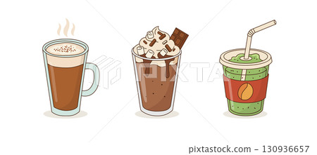 Hot drink mug autumn coffee chocolate latte. Cocoa drink autumn hot mug tea vector cozy illustration 130936657