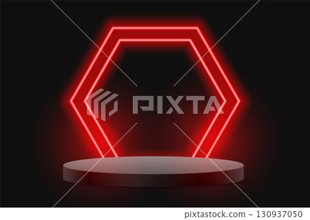dark podium stand background with red neon frame for product display dark podium stand background with red neon frame for product display 130937050