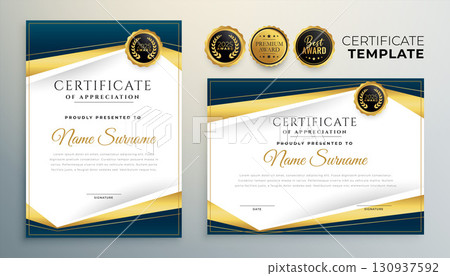 blue and golden certificate of appreciation template for corporate or university 130937592