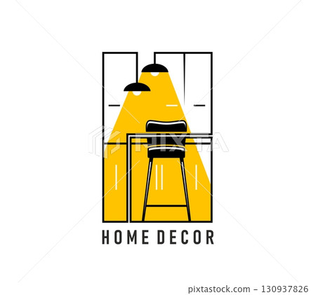 Home interior and decor studio or furniture salon icon for apartments design, vector emblem. Interior design and home decor line icon for furniture store of kitchen room table and chair in lamp light 130937826