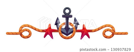 Marine and nautical divider, pirate and corsair border frame, piracy decoration with cartoon anchor wrapped in rope and flanked by red starfish. Vector decorative separator for ocean or sailing games Marine and nautical divider, pirate and corsair border frame, piracy decoration with cartoon anchor wrapped in rope and flanked by red starfish. Vector decorative separator for ocean or sailing games 130937829