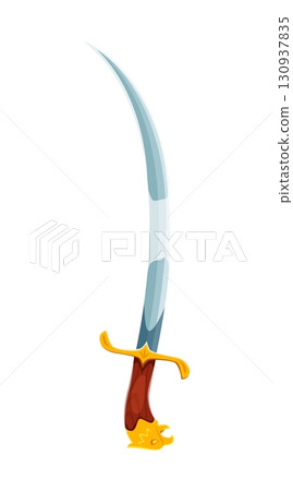 Cartoon pirate sabre with an exaggerated curved silver blade, gold crossguard and wooden handle ending in a decorative golden eagle head. Vector corsair cutlass or sword for fantasy or adventure games 130937835