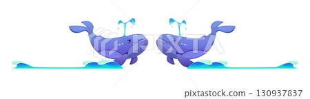 Marine and nautical divider, pirate and corsair border frame, piracy decoration, cartoon separator featuring two smiling whales facing each other spouting water as they swim through gentle ocean waves 130937837