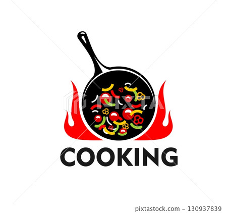 Cook pan icon of frypan in fire flames with gourmet food, vector emblem for cuisine restaurant. Cook pan symbol of wok with vegetables for chef food restaurant and BBQ grill and gastro bar menu 130937839