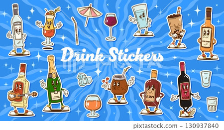 Groovy drinks and alcohol beverage characters stickers pack. Vector fun set of cartoon vodka, whiskey, wine, cocktails, champagne, rum, soda, liquor and mocktail, personages each with cute expressions 130937840