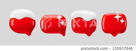 Christmas chat bubbles with snow. Vector glossy red chat bubbles with winter elements snow caps and sparkling stars. Set of speech clouds for festive ui, stickers, or holiday messaging apps Christmas chat bubbles with snow. Vector glossy red chat bubbles with winter elements snow caps and sparkling stars. Set of speech clouds for festive ui, stickers, or holiday messaging apps 130937846