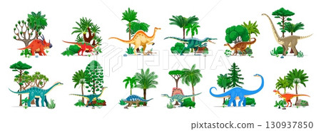 Prehistoric dinosaurs characters, Jurassic era jungles, cartoon vector set. Dinosaur species for dino park museum, kids paleontology atlas or encyclopedia of prehistoric lizards 130937850