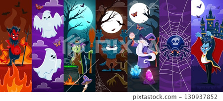 Halloween holiday characters collage with cartoon devil, ghosts, witch, werewolf, wizard, spider and vampire at eerie night backdrops with fire, spiderwebs, potions and full moon enhancing spooky vibe Halloween holiday characters collage with cartoon devil, ghosts, witch, werewolf, wizard, spider and vampire at eerie night backdrops with fire, spiderwebs, potions and full moon enhancing spooky vibe 130937852