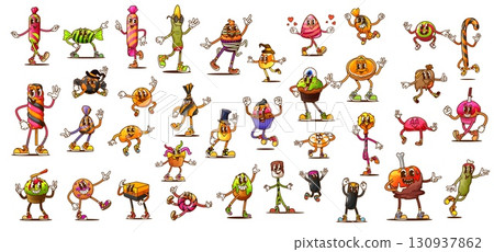 Cartoon groovy Halloween sweets and candy characters. Vector set of quirky y2k desserts and pastry personages wear fun outfits or accessories for celebration and children trick or treat entertainment 130937862