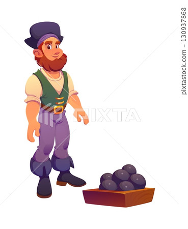 Pirate ship crew character, cartoon cheerful corsair with a beard and confident stance, standing beside a crate of black cannonballs. Sailor dressed in classic attire with boots, belt, and tricorn hat 130937868