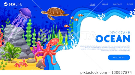 Paper cut landing page template with underwater landscape and sea animals, vector undersea. Landing page layout with paper cut underwater landscape, cartoon coral reef fish, octopus and jellyfish 130937874