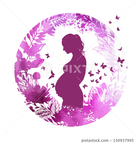Silhouette of a pregnant woman with violet flowers abstract. Stock vector illustration. hand drawn. Not AI. 130937995